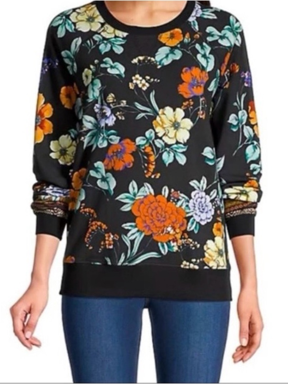 Johnny Was Golden Spring Floral Sweatshirt Pullover Black Multi Size M